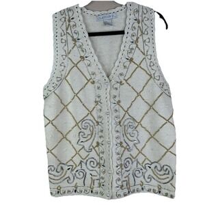Claudia D VTG Women's Cream Beaded Embellished Knit Vest Cardigan M Grandmacore